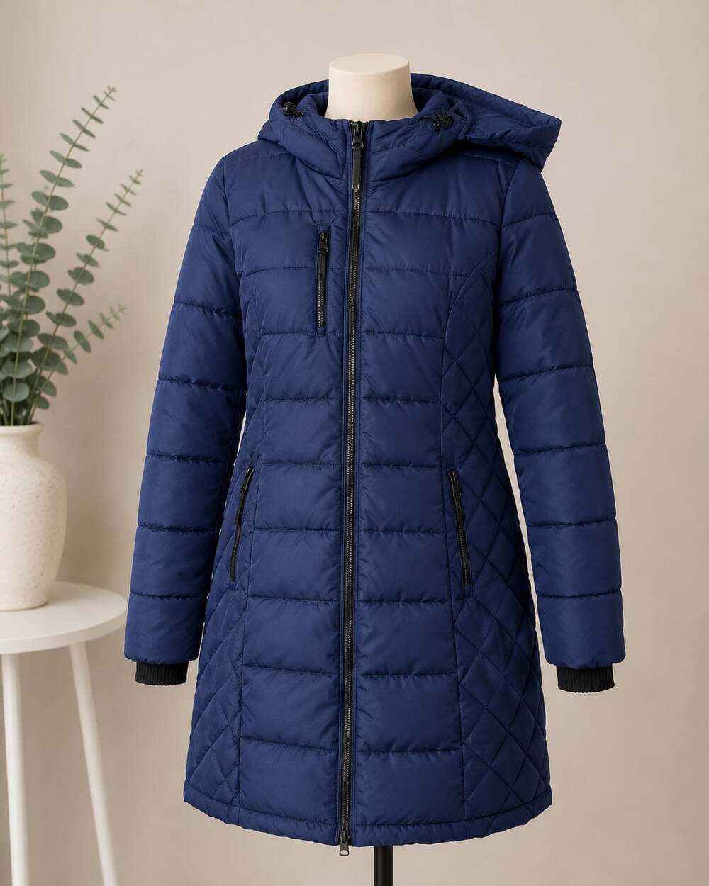 Guess Navy Quilted Long Puffer Jacket with Hood